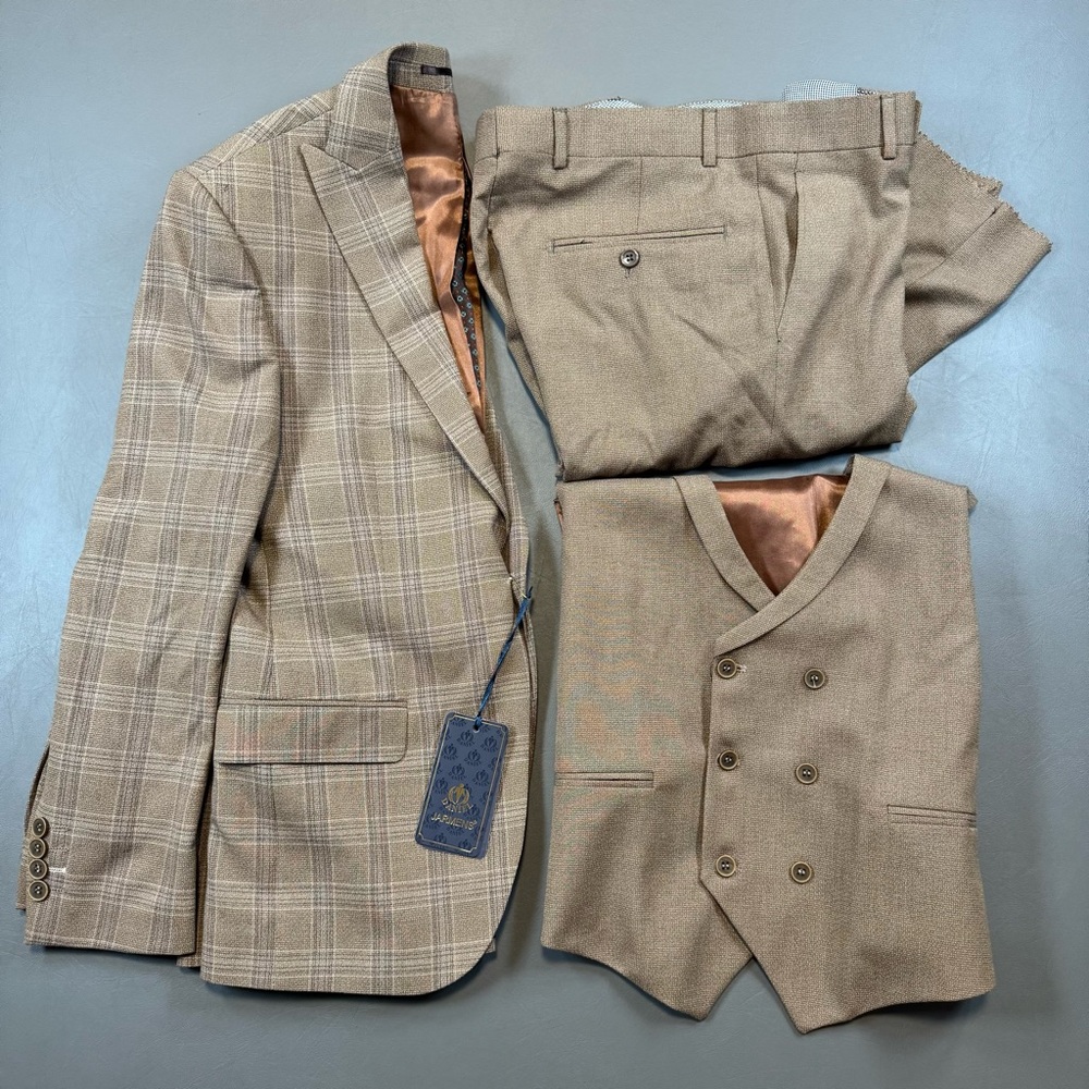 34 Slim Jacket / 31x34 Pants JARMENS 3-Piece Wool Plaid Suit NWT Made in Turkey
